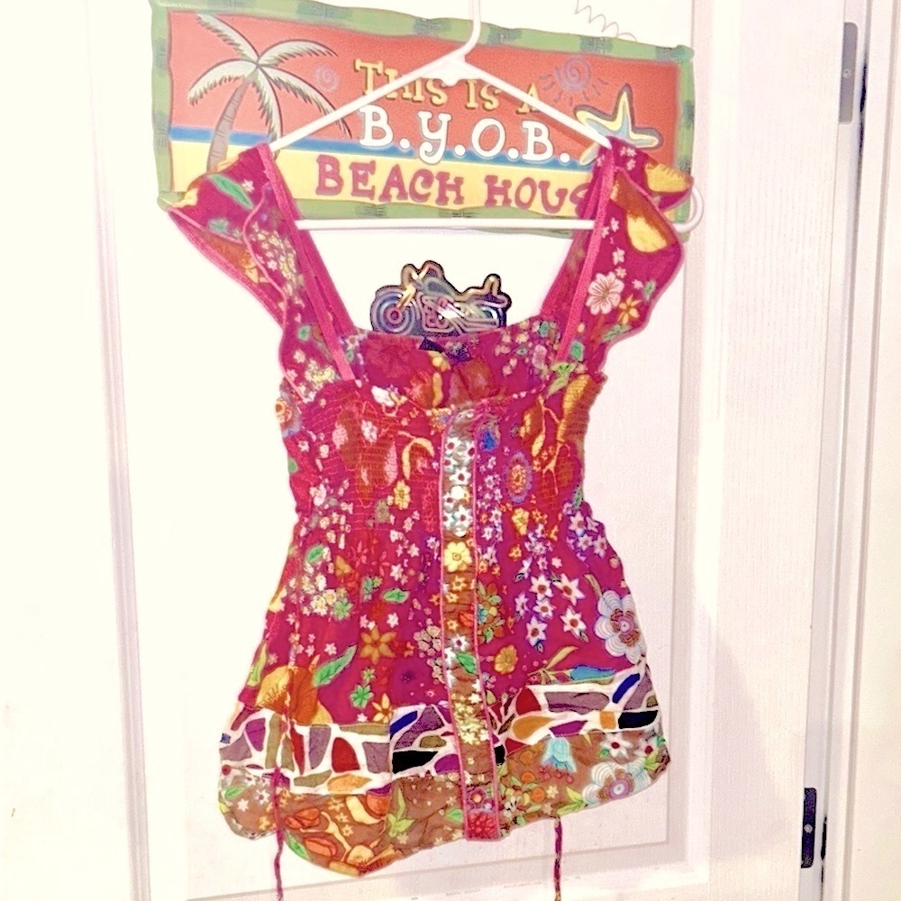 100% cotton Floral Pink Women's colorful summer vintage top ruffle sleeve - Picture 14 of 14